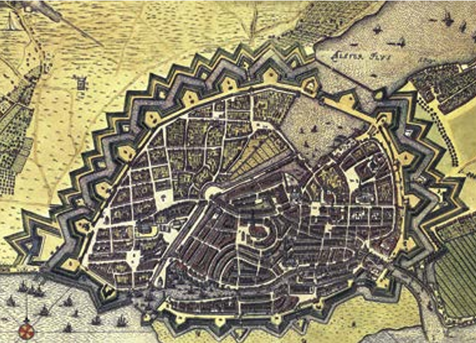Historische kaart van Hamburg als ommuurde vestingstad met stervormige verdedigingsring rond 1600