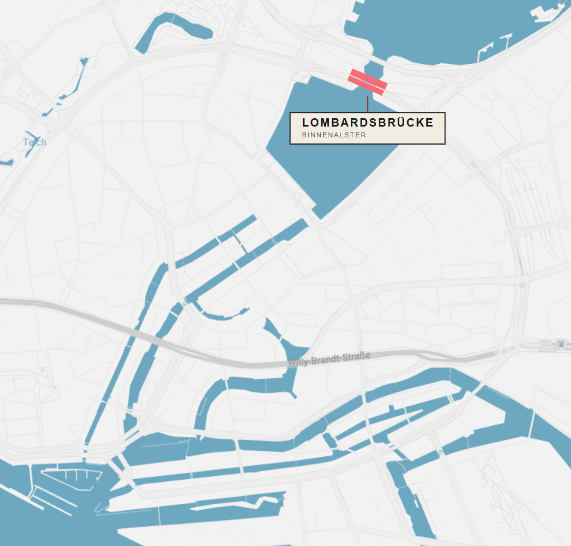 Kaart van Hamburg met de locatie van de Lombardsbr&uuml;cke in rood gemarkeerd