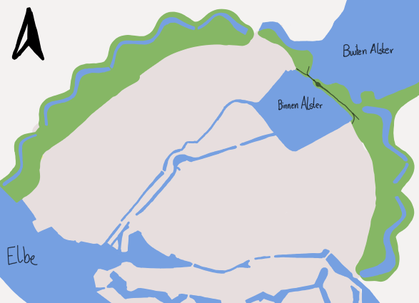 Eigen kaart van de Alster met Binnenalster, Au&szlig;enalster en de Elbe; een zwarte lijn markeert de Lombardsbr&uuml;cke