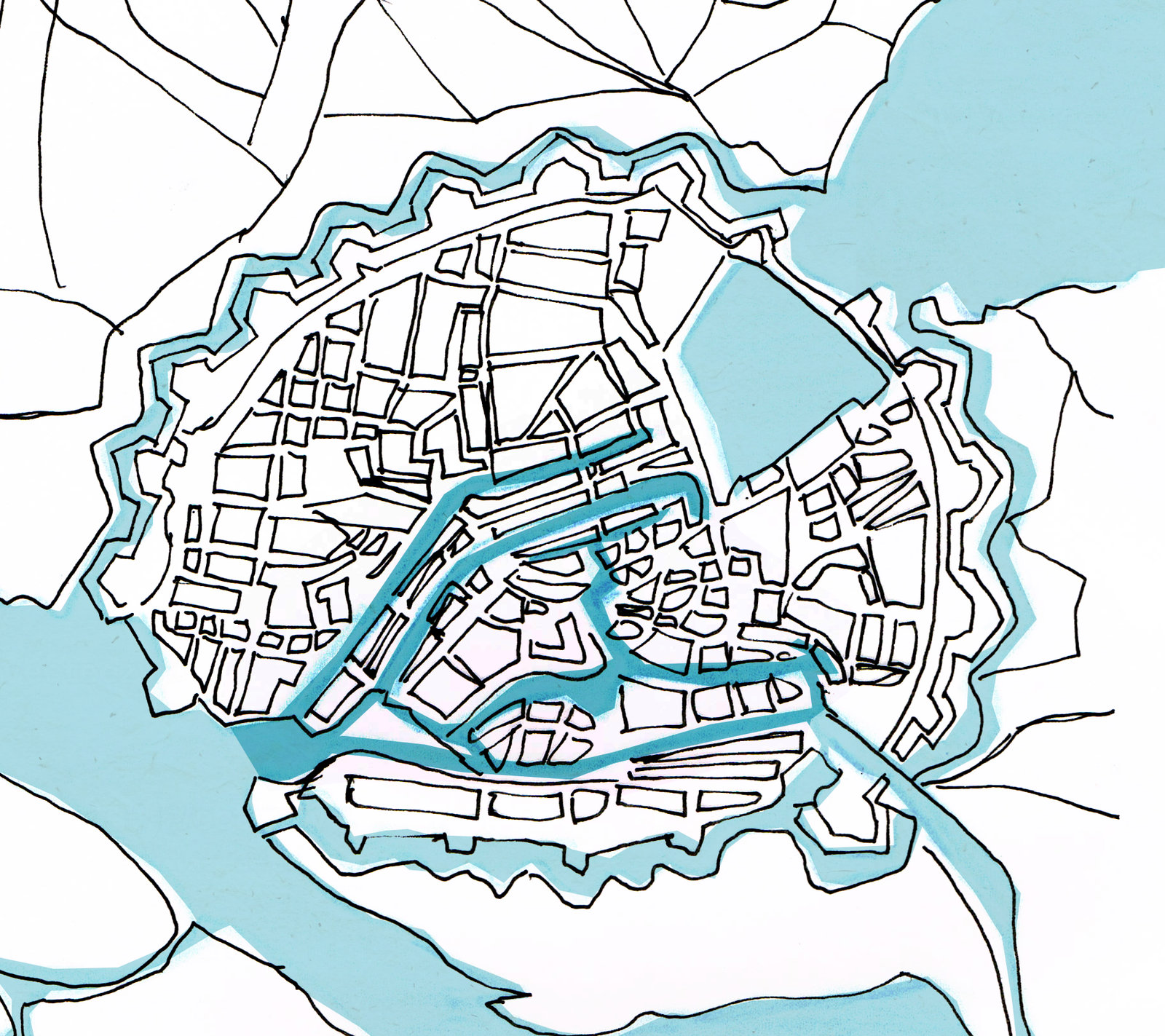 Tekening van middeleeuws Hamburg met de fleeten in blauw aangegeven