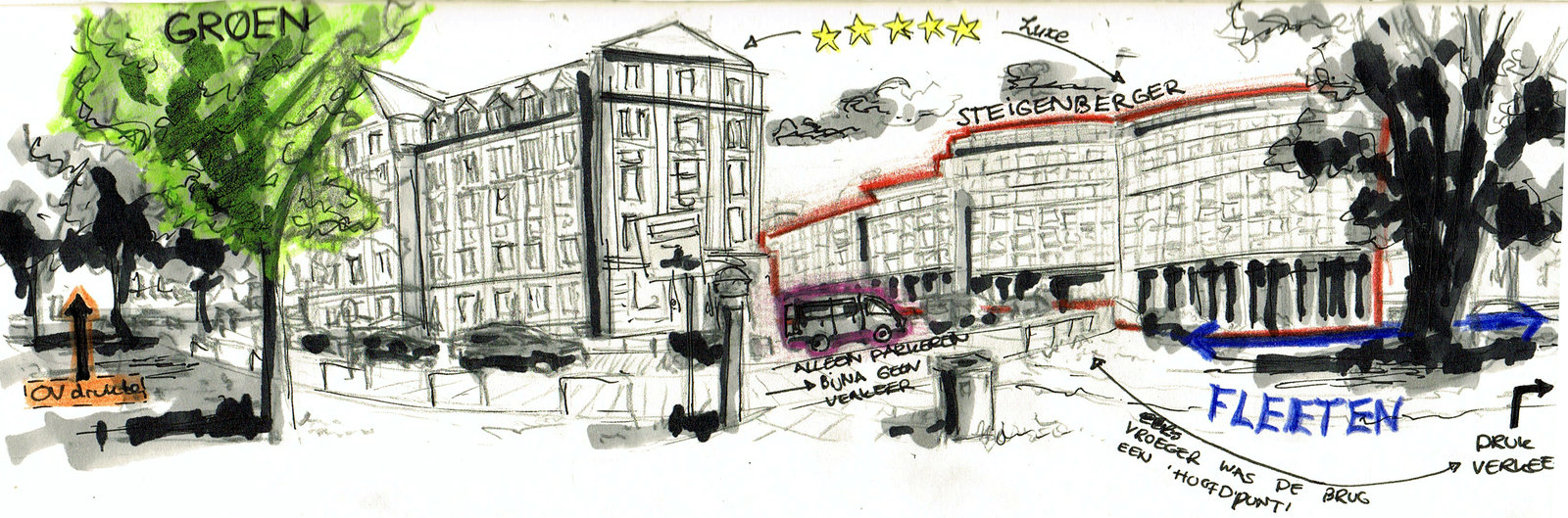 Panoramatische eigen schets vanaf het groene pleintje voor het Steigenberger Hotel