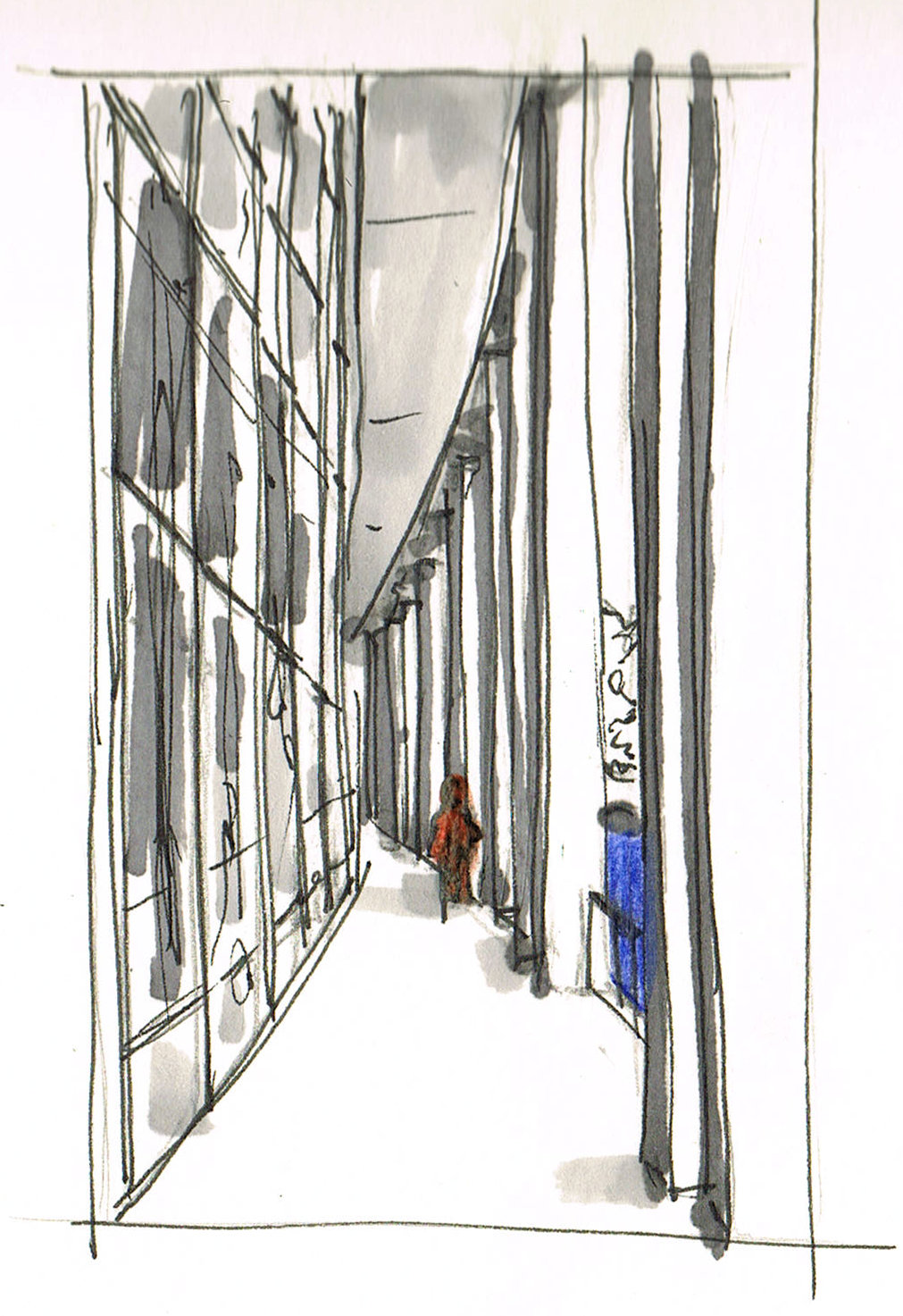Schets van de arcade van het Steigenberger Hotel