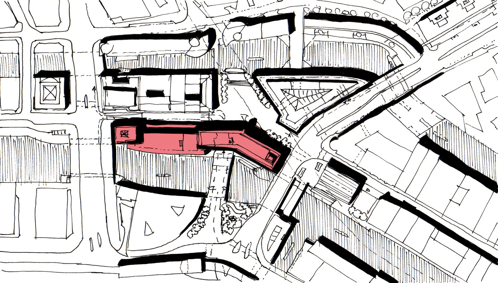 Situatieschets van de Fleetinsel met het Steigenberger Hotel in rood aangegeven