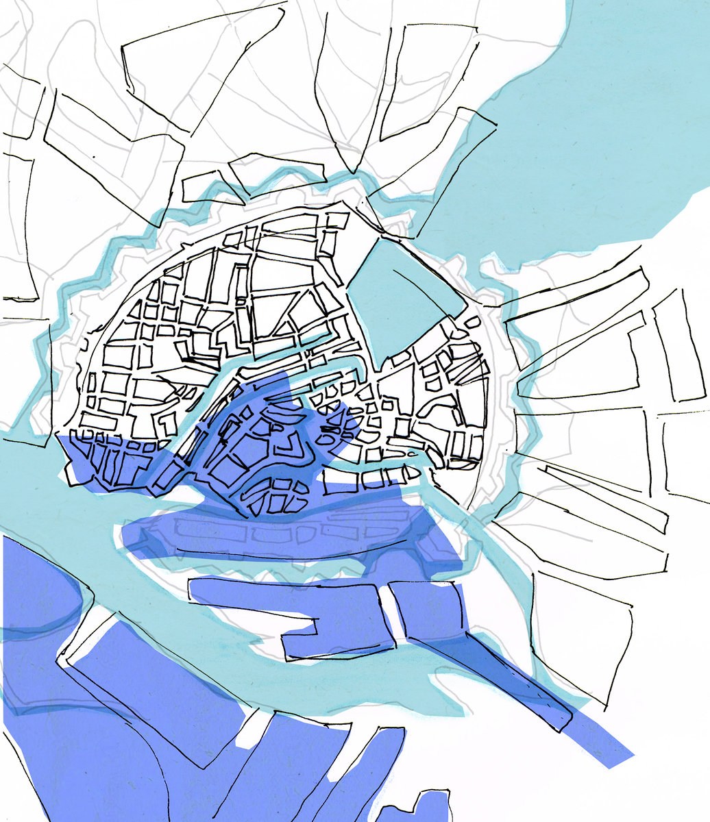 Tekening van Hamburg met het overstromingsbereik van de stormvloed van 1962 in donkerblauw