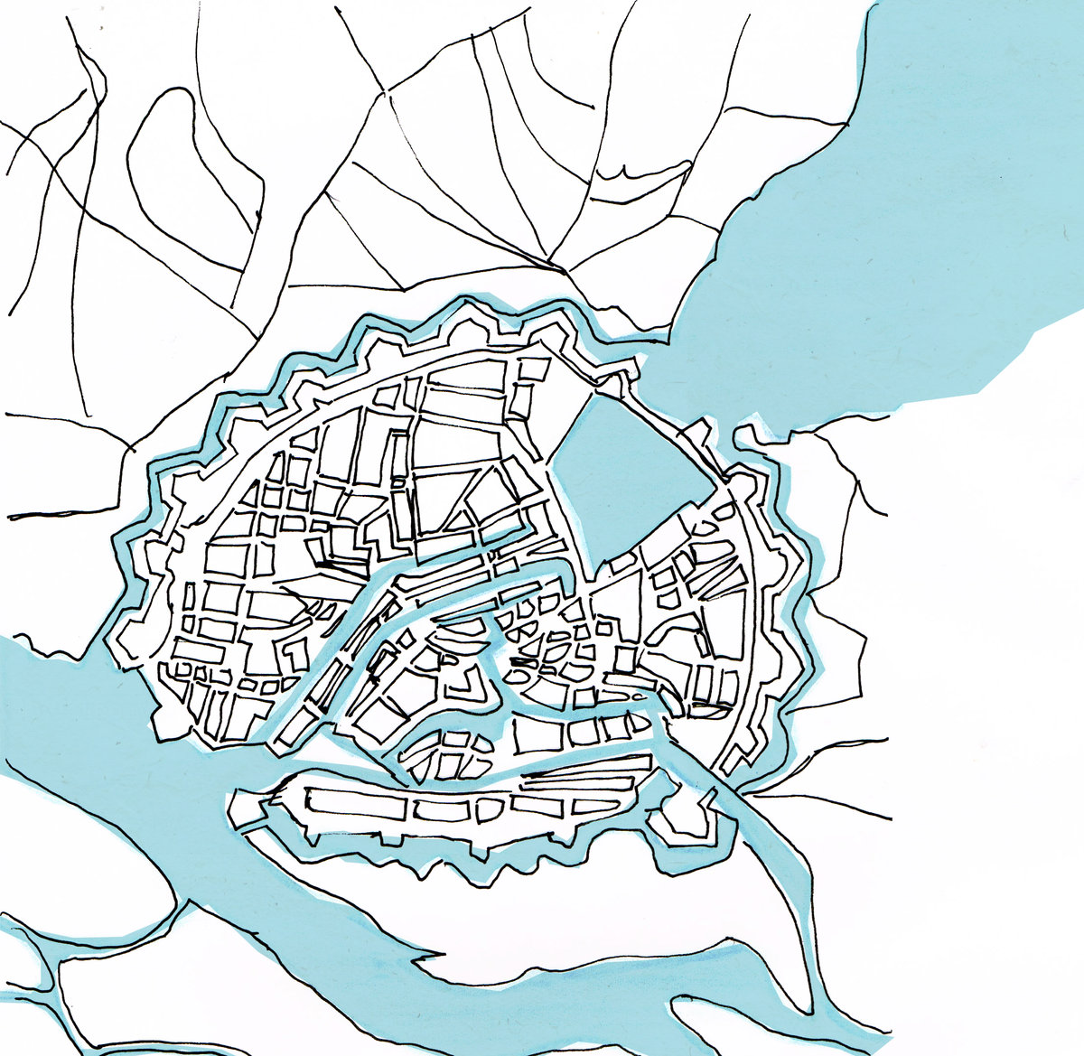 Tekening van de oude stad Hamburg met het fijnmazige fleetnetwerk als lichtblauwe waterlaag