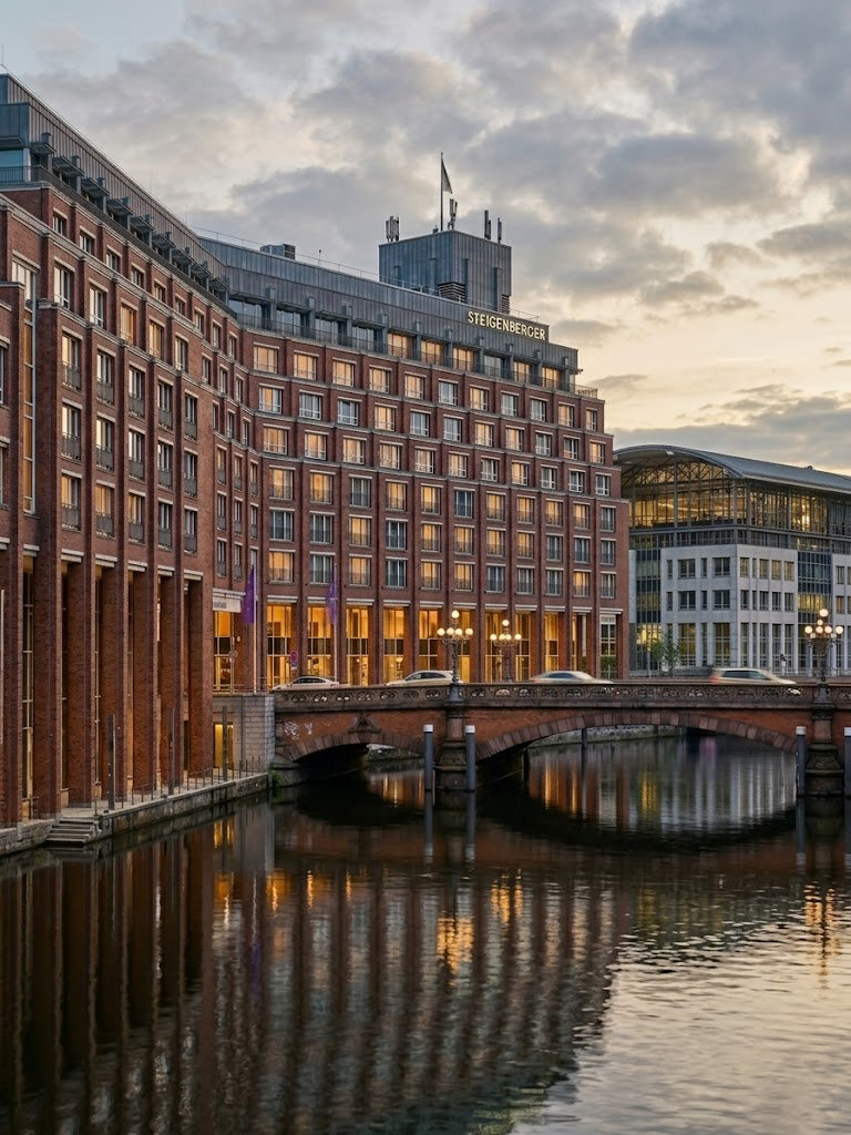 Het Steigenberger Hotel aan het fleetwater bij avond